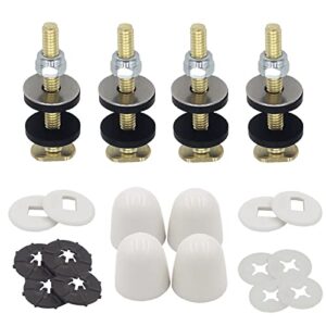 4 pack toilet floor bolts and caps set, brass plated toilet bolts and stainless steel nut washer with rubber washers round cover caps for toilet bolts