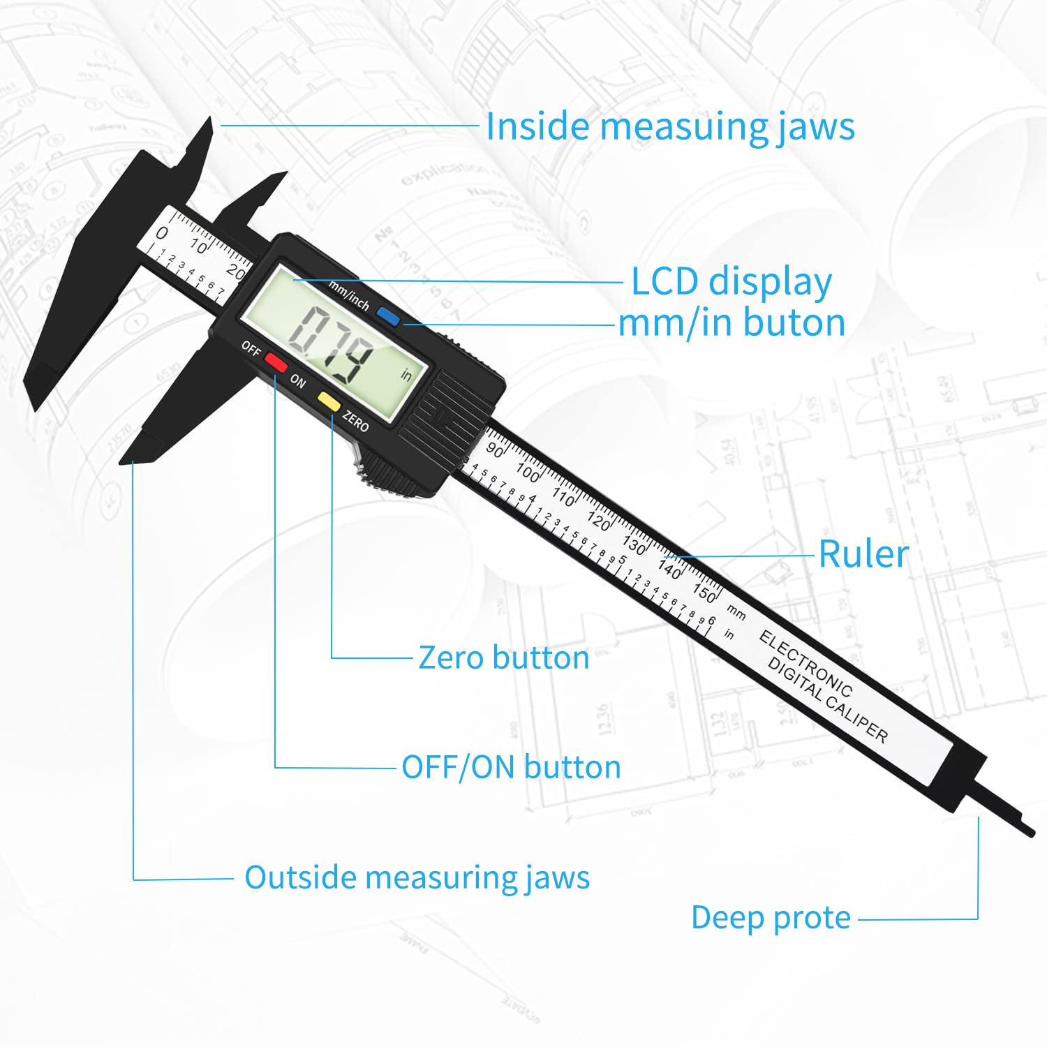 Caliper Measuring Tool,PIUBERS Electronic Vernier Caliper, Digital Caliper 6 Inch with Large LCD Screen and Inch MM Metric Conversion Measurement Tool