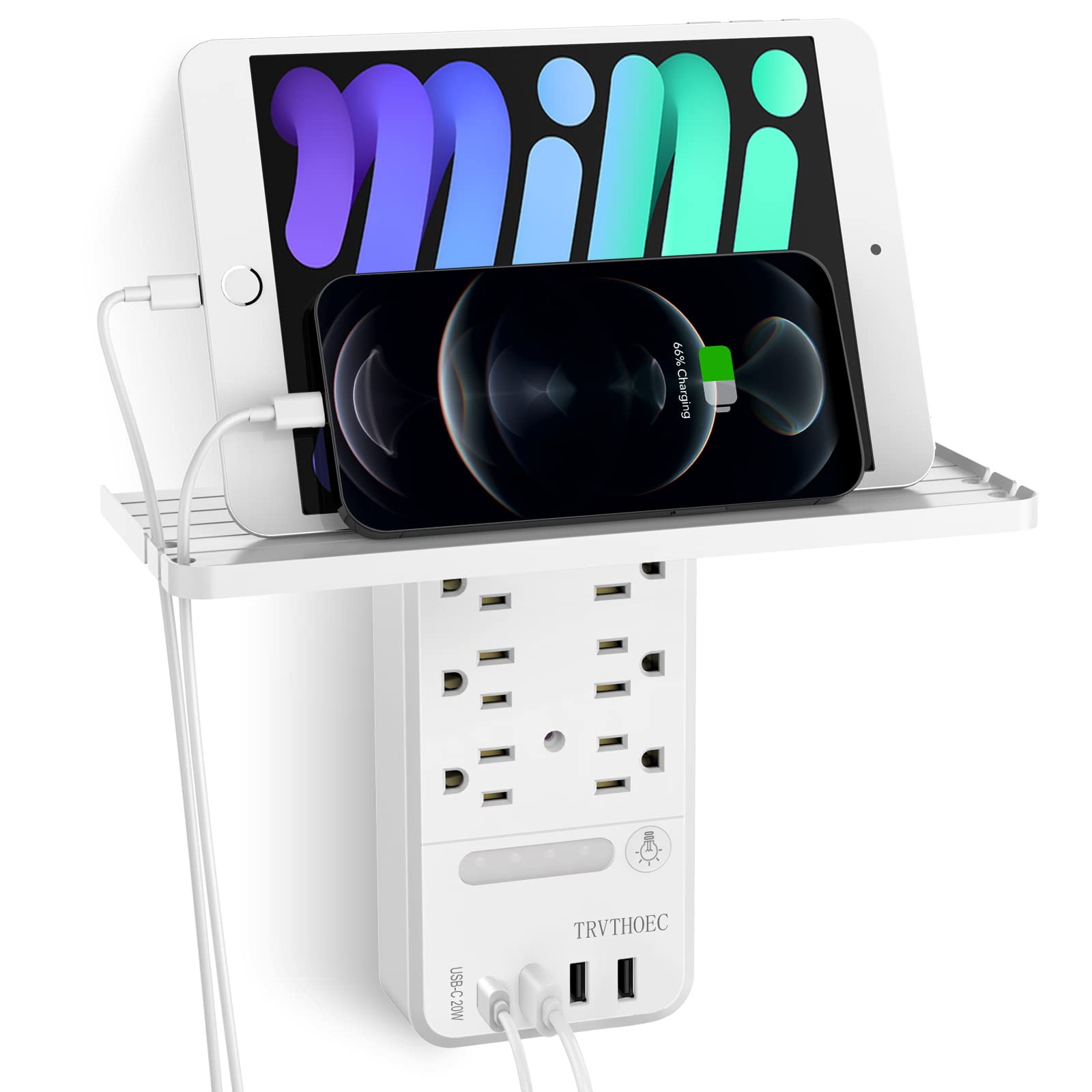 Surge Protector Wall Outlet with USB C Port 6AC Outlet Outlet Extension with Shelf Convenient Placement for Mobile Phones Suitable for Home Office Travel