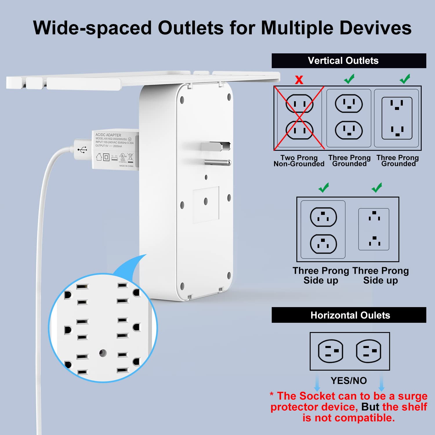 Surge Protector Wall Outlet with USB C Port 6AC Outlet Outlet Extension with Shelf Convenient Placement for Mobile Phones Suitable for Home Office Travel