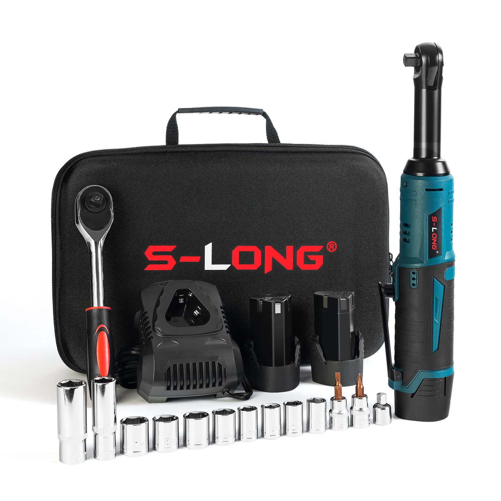 S-LONG Extended Cordless Ratchet Wrench Set, 3/8" 400 RPM 12V Power Electric Ratchet Driver with 12 Sockets, Two 2000mAh Lithium-Ion Batteries and 60-Min Fast Charge