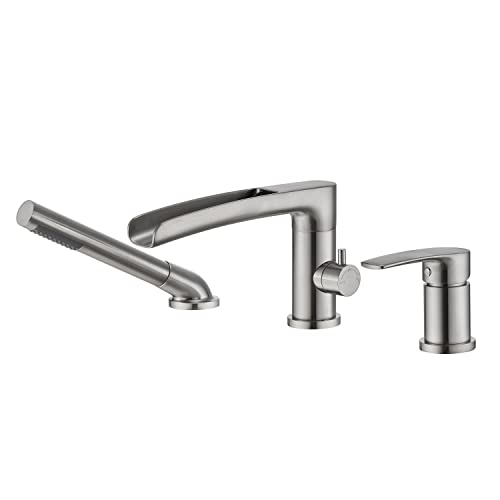 Wowkk Waterfall Roman Tub Faucet Brushed Nickel Deck Mount Bathtub Faucets Brass Tub Filler Bathroom Faucets with Hand Shower