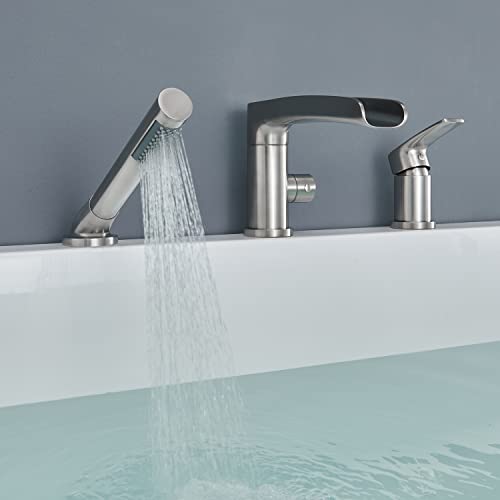 Wowkk Waterfall Roman Tub Faucet Brushed Nickel Deck Mount Bathtub Faucets Brass Tub Filler Bathroom Faucets with Hand Shower