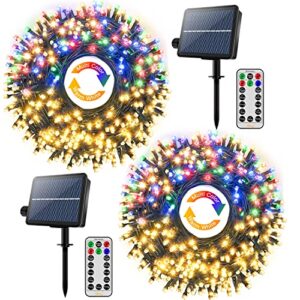 ollny solar string lights outdoor waterproof warm white & multicolor 2 pack each 98ft 300led, 11 modes super bright fairy lights, outdoor christmas tree lights for outside garden patio wedding party