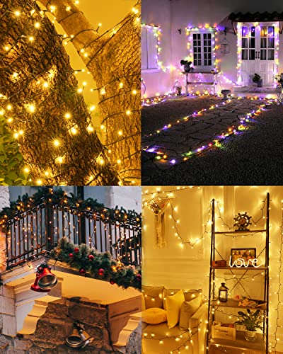 Ollny Solar String Lights Outdoor Waterproof Warm White & Multicolor 2 Pack Each 98Ft 300LED, 11 Modes Super Bright Fairy Lights, Outdoor Christmas Tree Lights for Outside Garden Patio Wedding Party