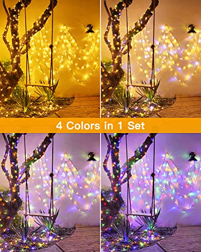 Ollny Solar String Lights Outdoor Waterproof Warm White & Multicolor 2 Pack Each 98Ft 300LED, 11 Modes Super Bright Fairy Lights, Outdoor Christmas Tree Lights for Outside Garden Patio Wedding Party