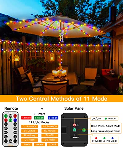 Ollny Solar String Lights Outdoor Waterproof Warm White & Multicolor 2 Pack Each 98Ft 300LED, 11 Modes Super Bright Fairy Lights, Outdoor Christmas Tree Lights for Outside Garden Patio Wedding Party