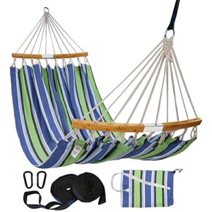 lxoohy portable patio double hammock with travel bag, 2 person outdoor hammock with foldable and curved spreader bar, d rings and tree straps for camping, picnic, backyard, green blue
