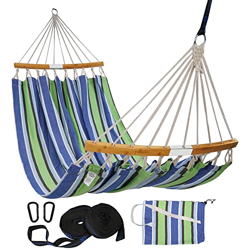 Lxoohy Portable Patio Double Hammock with Travel Bag, 2 Person Outdoor Hammock with Foldable and Curved Spreader Bar, D Rings and Tree Straps for Camping, Picnic, Backyard, Green Blue