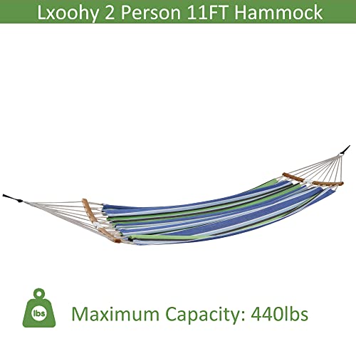 Lxoohy Portable Patio Double Hammock with Travel Bag, 2 Person Outdoor Hammock with Foldable and Curved Spreader Bar, D Rings and Tree Straps for Camping, Picnic, Backyard, Green Blue