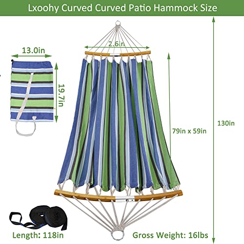 Lxoohy Portable Patio Double Hammock with Travel Bag, 2 Person Outdoor Hammock with Foldable and Curved Spreader Bar, D Rings and Tree Straps for Camping, Picnic, Backyard, Green Blue