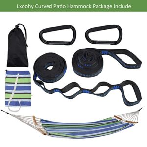 Lxoohy Portable Patio Double Hammock with Travel Bag, 2 Person Outdoor Hammock with Foldable and Curved Spreader Bar, D Rings and Tree Straps for Camping, Picnic, Backyard, Green Blue