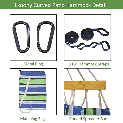 Lxoohy Portable Patio Double Hammock with Travel Bag, 2 Person Outdoor Hammock with Foldable and Curved Spreader Bar, D Rings and Tree Straps for Camping, Picnic, Backyard, Green Blue