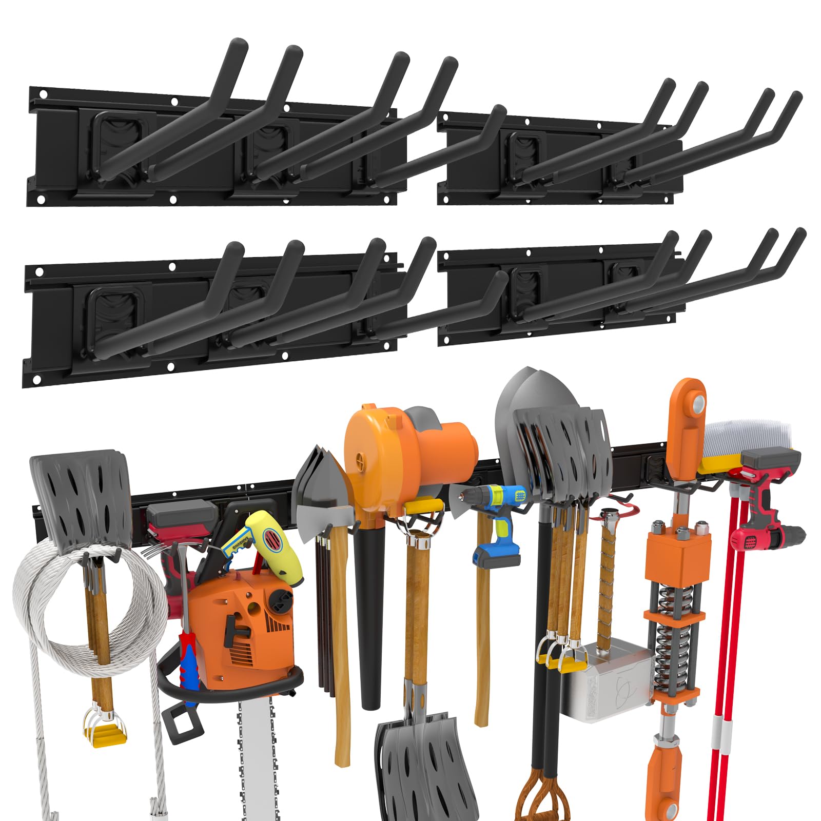 Mutilife 64inch Garage Tool Organizer Wall Mount, Heavy Duty Garden Organization for Shovel & Rake Hangers Yard Tool Rack, Sturdy Shed Storage Rack, 4 Aluminum Rails & 10 Steel Adjustable Hooks