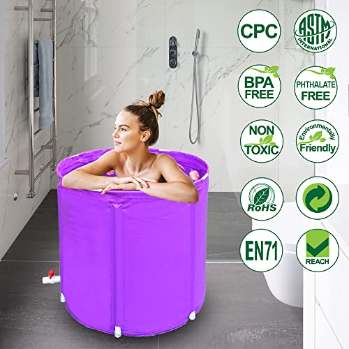 Portable Plastic Bathtub, Folding Spa BathTub for Adults,23"×25" Freestanding Soaking Tub Non-Inflatable Ice Bath Tub, Thickened Thermal Foam to Keep Temperature (Purple Bathtub)