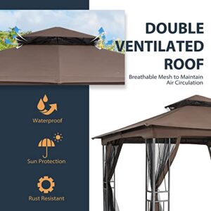 HAPPATIO 10' X 12' Outdoor Patio Gazebo, Outdoor Canopy Gazebo for Garden,Yard,Patio with Ventilation Double Roof with Mosquito Netting,Dark Brown