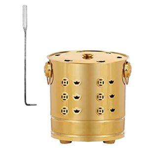 yarnow 1 set metal incinerator cage fire pit bucket with burning tongs chinese fortune treasure basin ash bucket joss paper bucket with lid for yard garden golden
