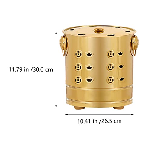 YARNOW 1 Set Metal Incinerator Cage Fire Pit Bucket with Burning Tongs Chinese Fortune Treasure Basin Ash Bucket Joss Paper Bucket with Lid for Yard Garden Golden