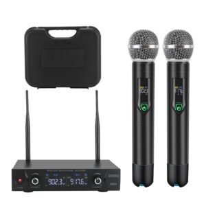 gudeholo wireless microphone system with case, metal uhf dual handheld 20 channels professional cordless mic system for church, dj, karaoke,wedding, home ktv set