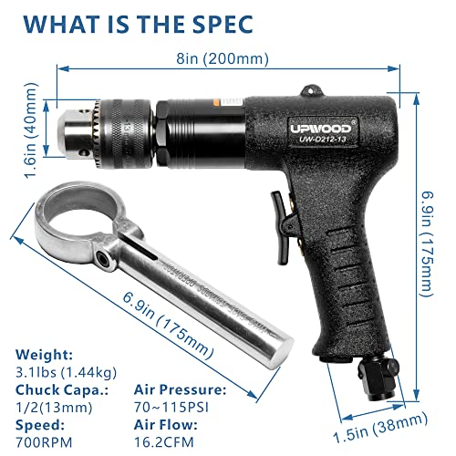 1/2” Reversible Air Drill, Heavy Duty 700 RPM Pistol Grip Handle (1/2 Reversible Drill)