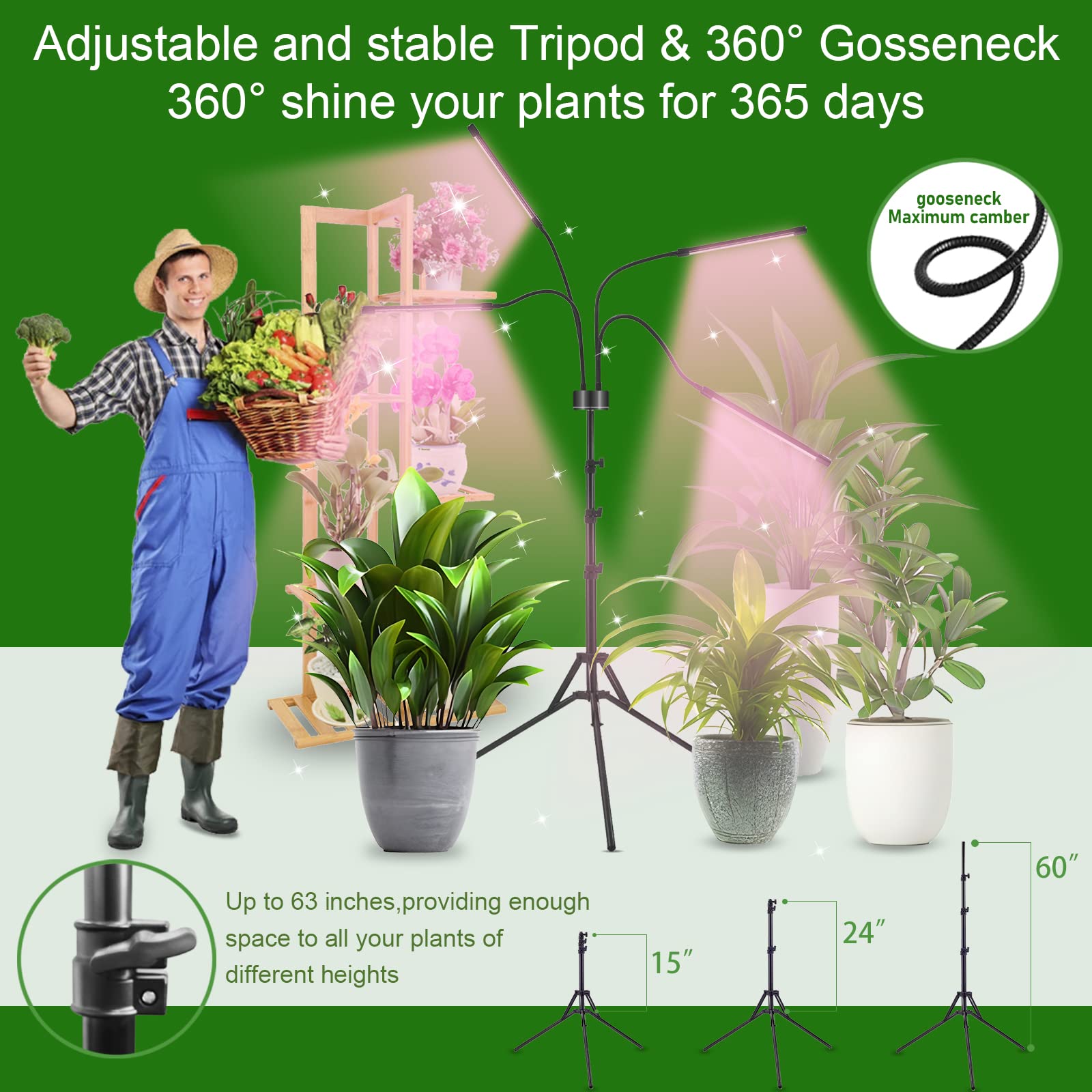 Grow Lights for Indoor Plants Full Spectrum,80LEDs Plant Light for Indoor Plants with 15"-60" Adjustable Tripod,4 Head