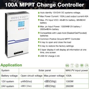 100 Amp MPPT Solar Charge Controller 24V 12V Auto, 100A Solar Panel Regulator Max Input Power 2500W, for AGM Sealed Gel Flooded Lithium Battery