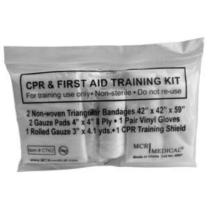 cpr & fa training kits w. 2 non-woven triangular bandages, 10 pack, mcr medical