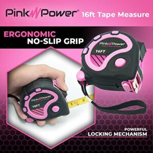 Pink Power 16ft Pink Measuring Tape Measure for Womens Tool Kit with Retractable Blade and Lock Button - Girls Tape Measure for Pink Tools - Lightweight Measurement Tape