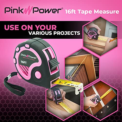 Pink Power 16ft Pink Measuring Tape Measure for Womens Tool Kit with Retractable Blade and Lock Button - Girls Tape Measure for Pink Tools - Lightweight Measurement Tape