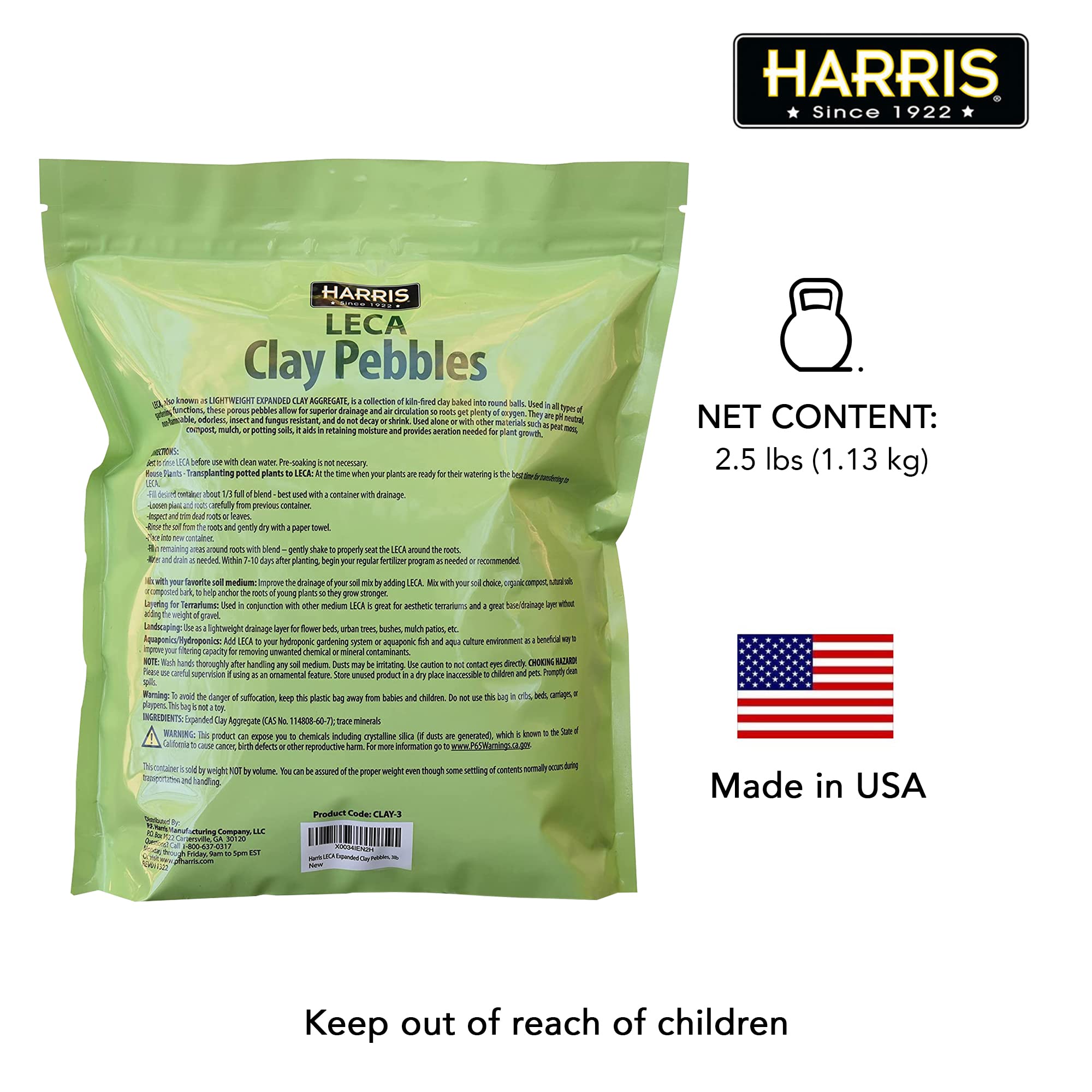 Harris LECA Expanded Clay Pebbles for Plants, 2.5lb for Indoor, Outdoor and Hydroponic Growing Brown