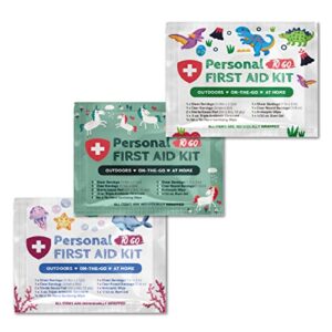 3 x portable travel size first aid kit | perfect for home, office, car, school, business, travel, hiking, hunting, and outdoors | individually wrapped (under the sea/unicorns/dinosaurs)