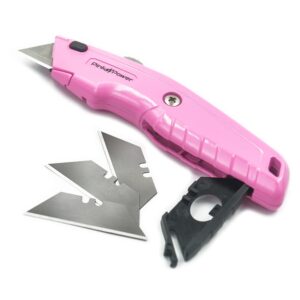 pink power pink box cutter retractable, pink utility knife for carpet, cute box cutter knife heavy duty with 3 blades and storage compartment - box opener pocket utility pink knife tools for women