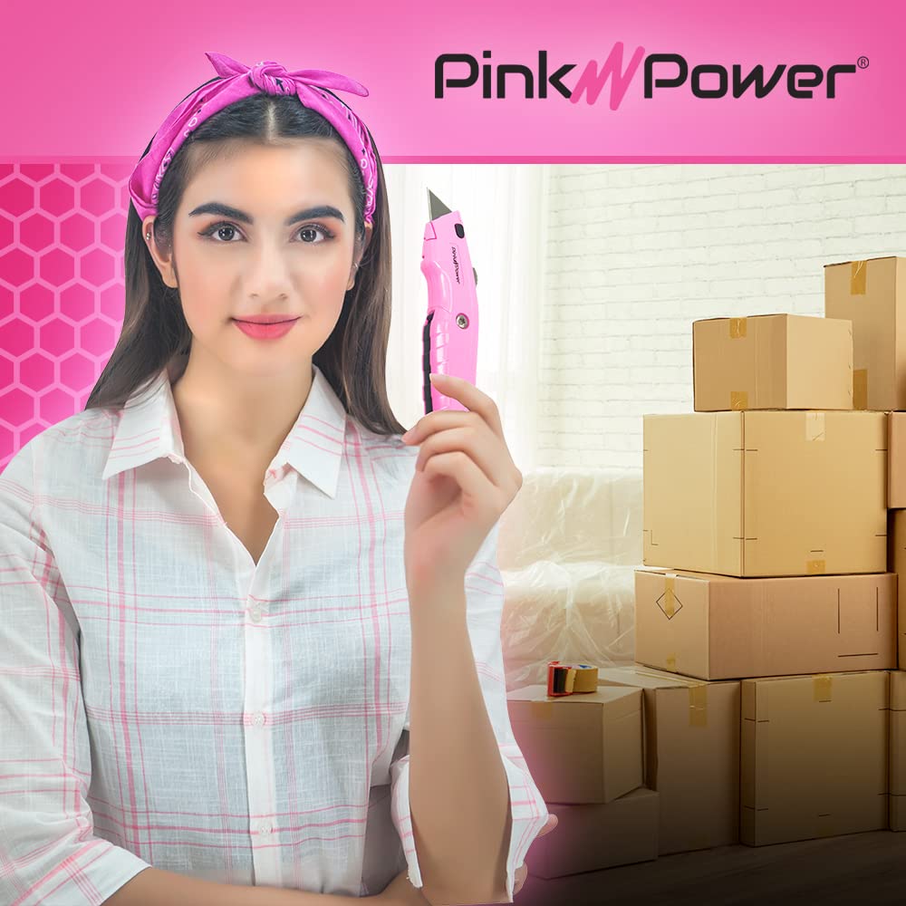 Pink Power Pink Box Cutter Retractable, Pink Utility Knife for Carpet, Cute Box Cutter Knife Heavy Duty with 3 Blades and Storage Compartment - Box Opener Pocket Utility Pink Knife Tools for Women