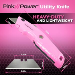 Pink Power Pink Box Cutter Retractable, Pink Utility Knife for Carpet, Cute Box Cutter Knife Heavy Duty with 3 Blades and Storage Compartment - Box Opener Pocket Utility Pink Knife Tools for Women