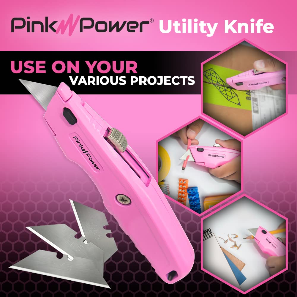 Pink Power Pink Box Cutter Retractable, Pink Utility Knife for Carpet, Cute Box Cutter Knife Heavy Duty with 3 Blades and Storage Compartment - Box Opener Pocket Utility Pink Knife Tools for Women