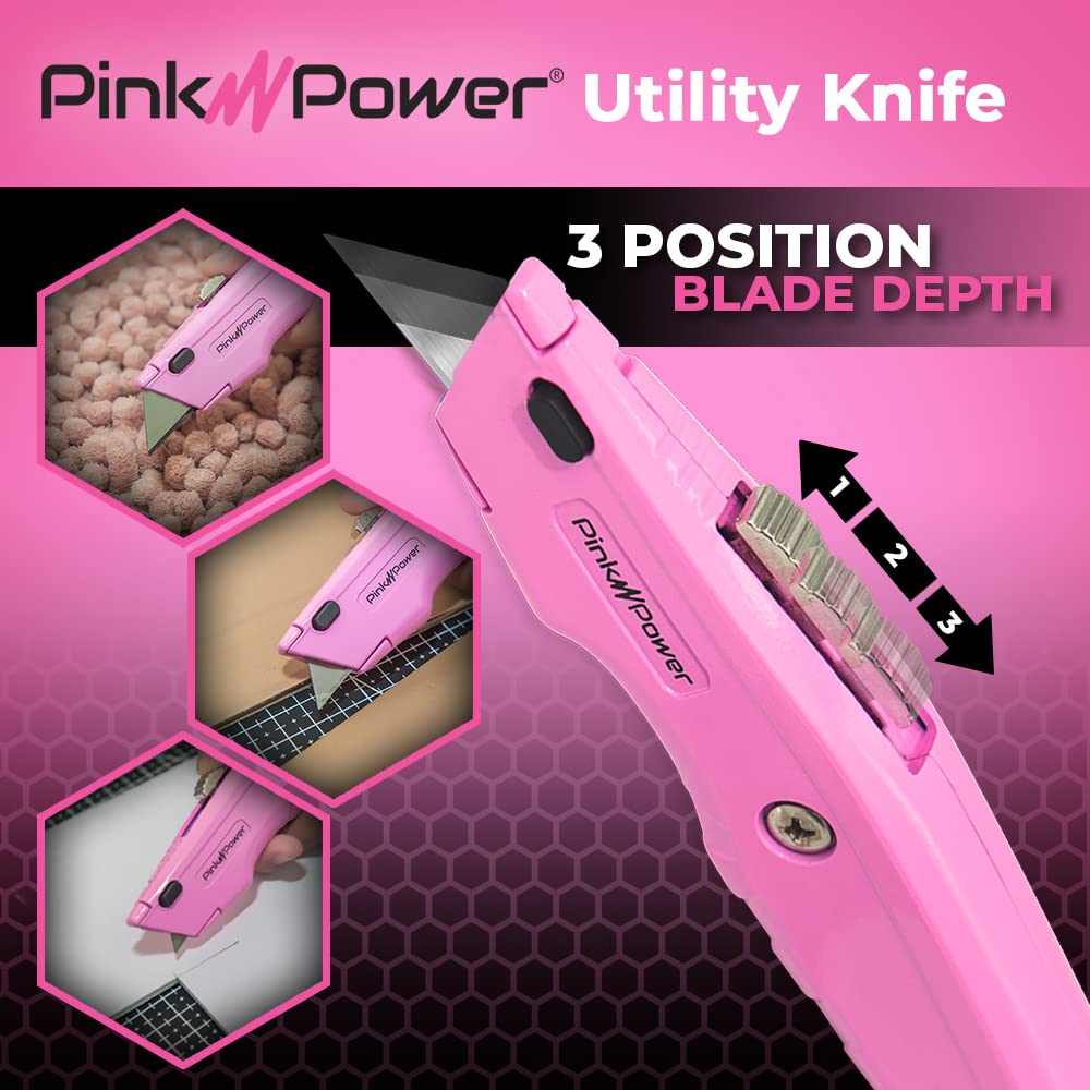 Pink Power Pink Box Cutter Retractable, Pink Utility Knife for Carpet, Cute Box Cutter Knife Heavy Duty with 3 Blades and Storage Compartment - Box Opener Pocket Utility Pink Knife Tools for Women