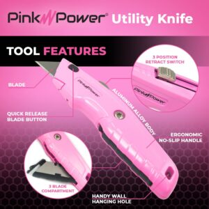 Pink Power Pink Box Cutter Retractable, Pink Utility Knife for Carpet, Cute Box Cutter Knife Heavy Duty with 3 Blades and Storage Compartment - Box Opener Pocket Utility Pink Knife Tools for Women