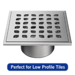 Bernkot Square Shower Drain, 4" Brushed 304 Stainless Steel Drain Grate Removable Drain Key with PVC Bonding Flange Base for Low Profile Shower Floor Tiles, CUPC Certified