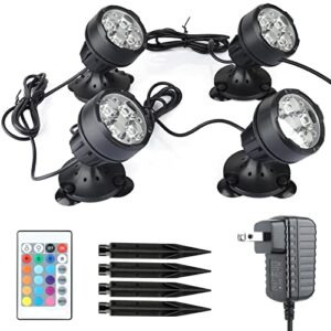 spotlight for yard, color changing pond lights ip68 waterproof underwater landscape lights outdoor spot lights, remote control multi-color dimmable adjustable garden light with spiked stand, 4 in set