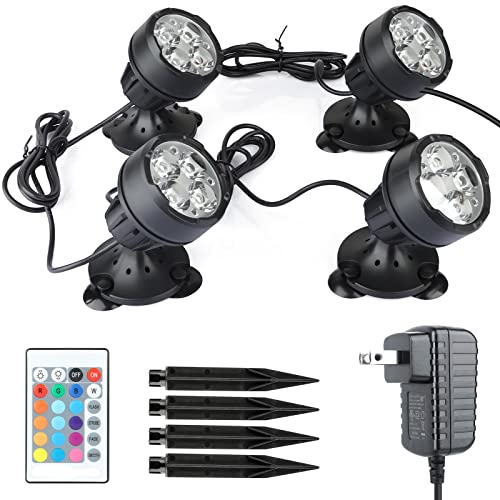 Spotlight for Yard, Color Changing Pond Lights IP68 Waterproof Underwater Landscape Lights Outdoor Spot Lights, Remote Control Multi-Color Dimmable Adjustable Garden Light with Spiked Stand, 4 in Set