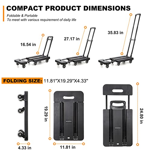 SKISOPGO Foldable Hand Truck, Luggage Cart with 2 Elastic Ropes, 500 Lbs Capacity Heavy Duty Dolley, Platform Trucks with 6 Wheels Hand Trucks Moving Travel Telescopic Rod Fully Hidden Design (Black)