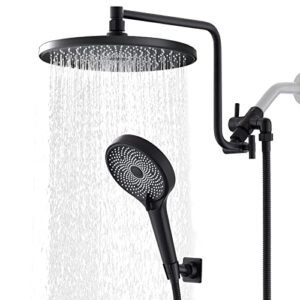 10" rainfall shower head with handheld combo, upgrade 12" extension arm height adjustable, 3-way high pressure spray, brass holder extra long hose, matte black