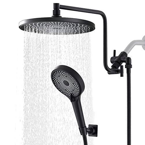 10" Rainfall Shower Head with Handheld Combo, Upgrade 12" Extension Arm Height Adjustable, 3-Way High Pressure Spray, Brass Holder Extra Long Hose, Matte Black