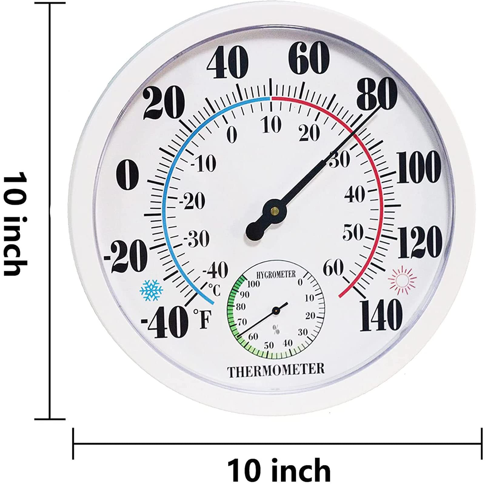 Indoor Outdoor Thermometer Hygrometer Large Wall Decor, 10 Inch Outdoor Thermometers for Patio Garden, Waterproof No Battery Needed Wall-Mounted Thermometers-White
