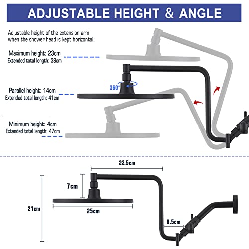 10" Rainfall Shower Head with Handheld Combo, Upgrade 12" Extension Arm Height Adjustable, 3-Way High Pressure Spray, Brass Holder Extra Long Hose, Matte Black