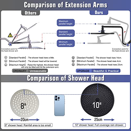 10" Rainfall Shower Head with Handheld Combo, Upgrade 12" Extension Arm Height Adjustable, 3-Way High Pressure Spray, Brass Holder Extra Long Hose, Matte Black