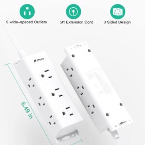 Surge Protector Power Strip - 9 Widely Spaced Multi Outlets, Wall Mount, 3 Side Outlet Extender with 5Ft Extension Cord, Flat Plug for Home Office