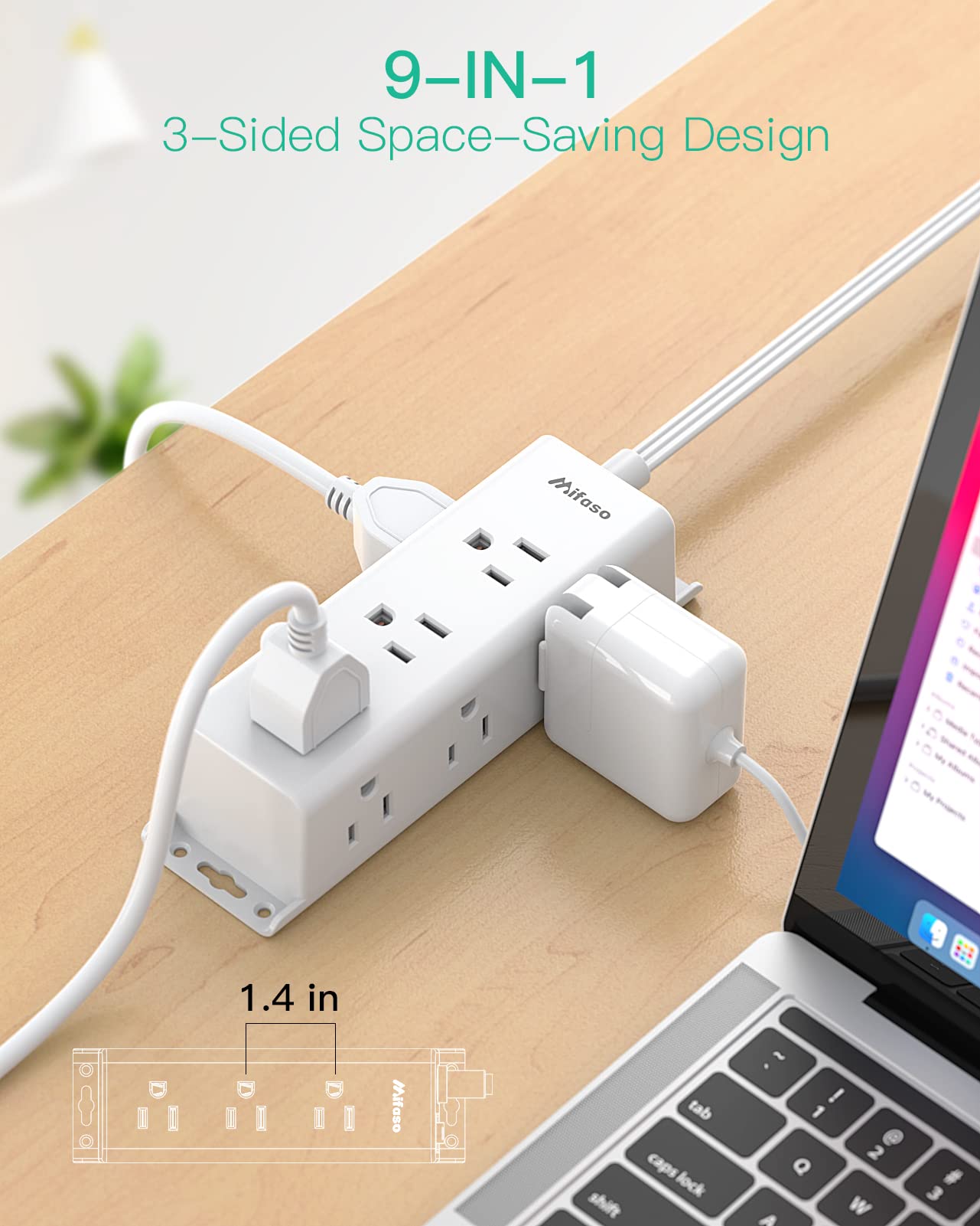 Surge Protector Power Strip - 9 Widely Spaced Multi Outlets, Wall Mount, 3 Side Outlet Extender with 5Ft Extension Cord, Flat Plug for Home Office