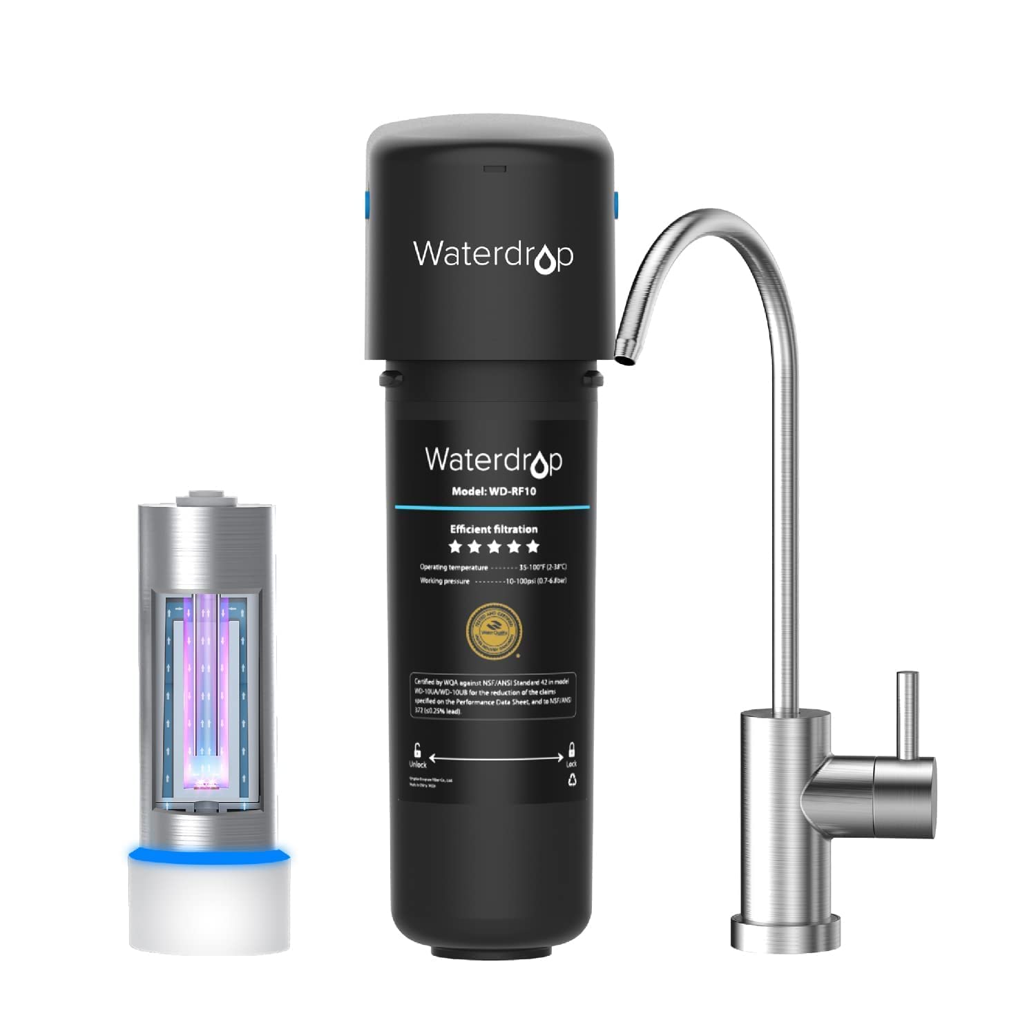 Waterdrop 10UB Under Sink Water Filter System with LED UV͎ Water Sterilizër Filter, Mercury-Free, FCC Certified, Stainless Steel, 50 Years Life Time, Smart Indicator