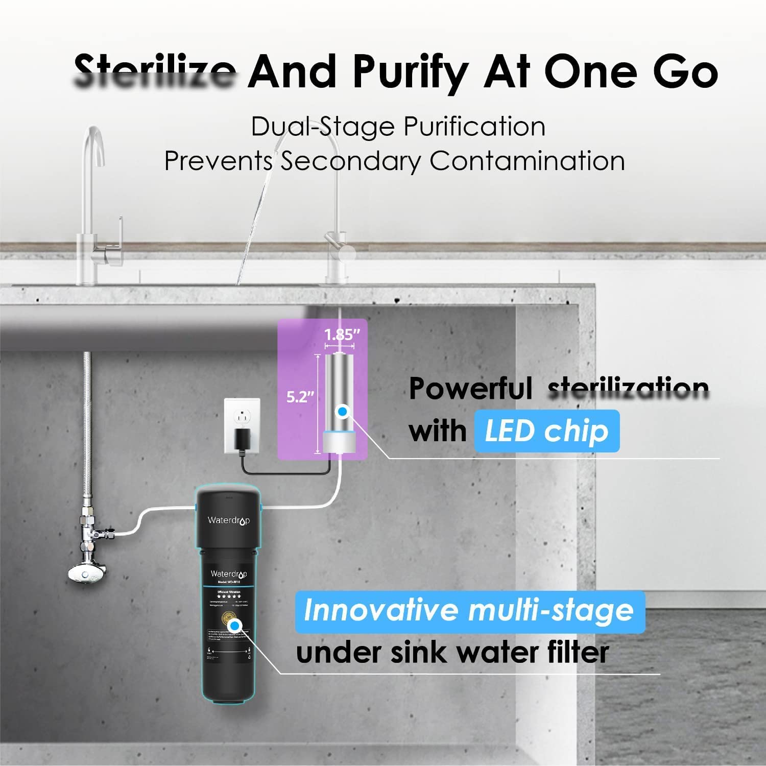 Waterdrop 10UB Under Sink Water Filter System with LED UV͎ Water Sterilizër Filter, Mercury-Free, FCC Certified, Stainless Steel, 50 Years Life Time, Smart Indicator